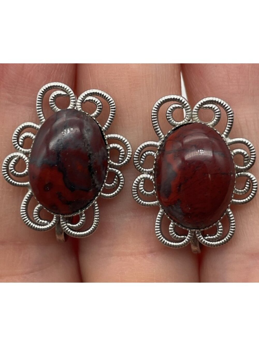 Vintage Natural Gemstone Cabochon Silver-tone Clip On Earrings Burgundy Jasper?